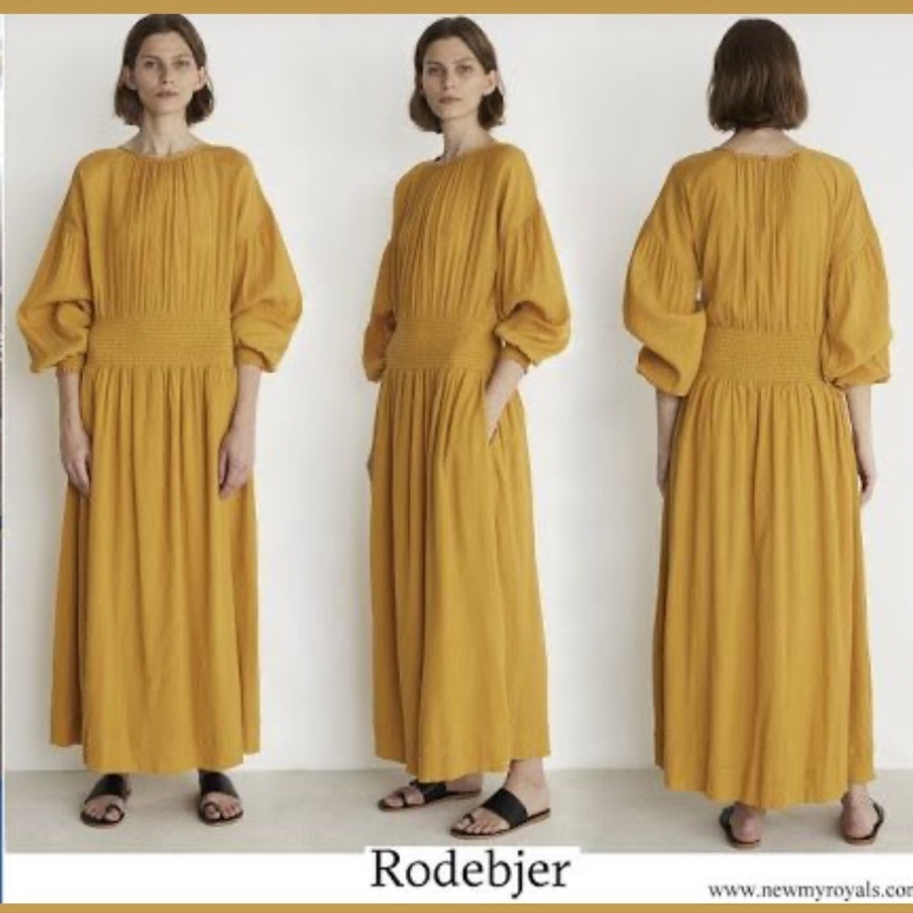 Rodebjer Roma Chiffon Smocked Waist Maxi Dress Mustard‎ Boho Long Sleeve S